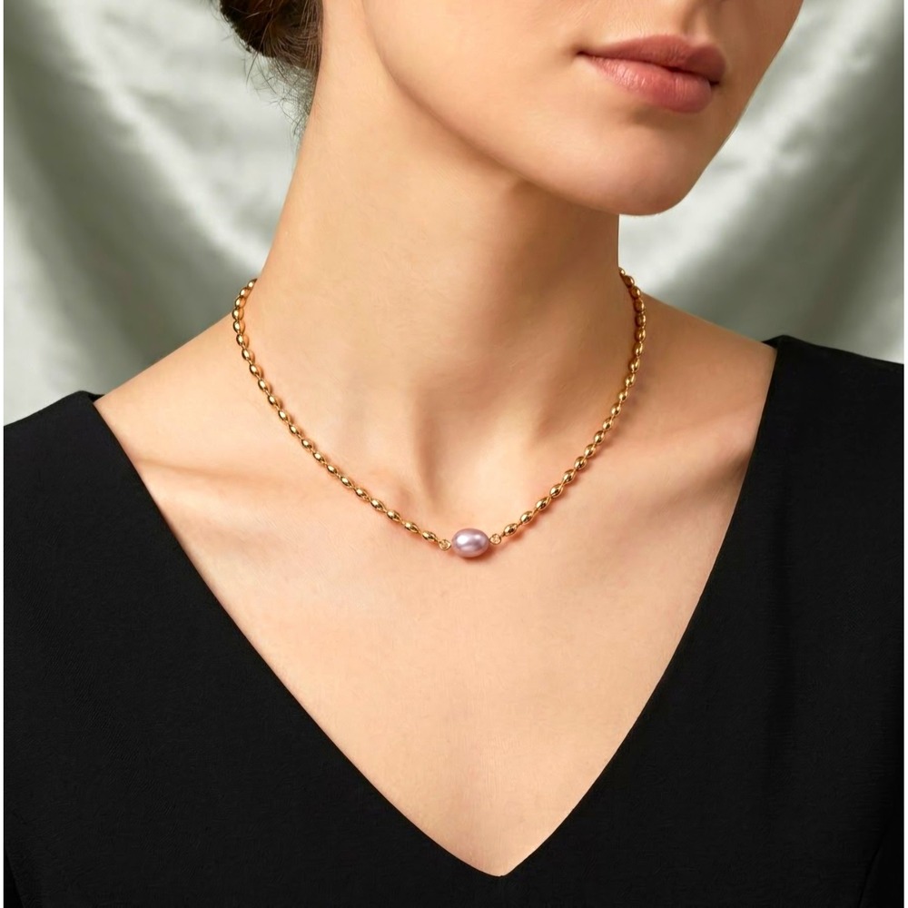 Gold Tone Stainless Steel Beaded Chain Necklace White Pearl Lobster 17-18"